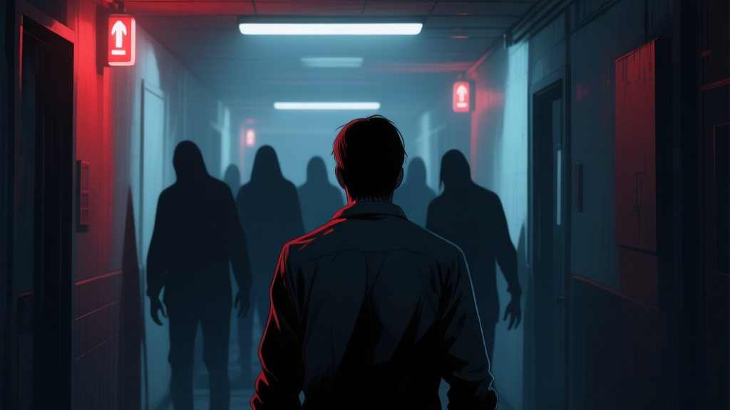 A tense, atmospheric scene from a third-person perspective in a dimly lit corridor, soft glow from emergency lights, a character's back visible as they face multiple shadowy figures, muted color palette with hints of red and dark blue, conveying panic and high stakes high quality illustration, detailed, 16:9