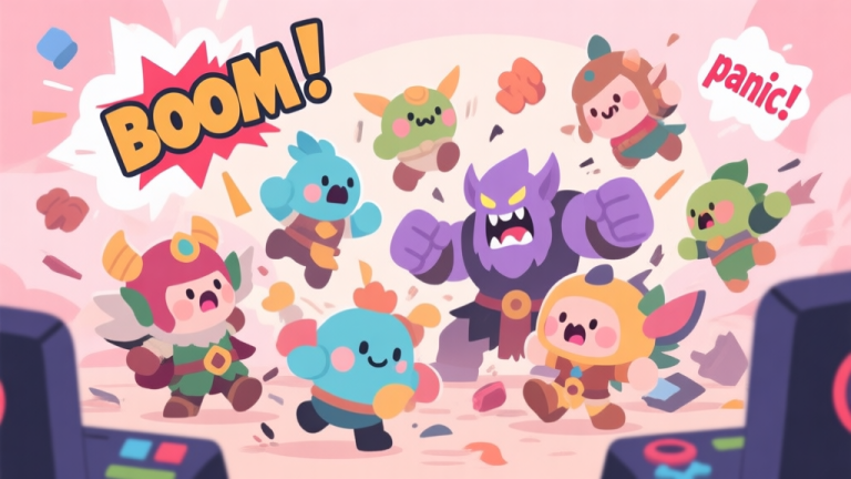 自动生成图片: A chaotic yet humorous gaming scene in soft pastel colors, showing a group of cute fantasy character avatars in disarray during a boss fight, with exaggerated "boom" and "panic" symbols floating around, flat illustration style high quality illustration, detailed, 16:9