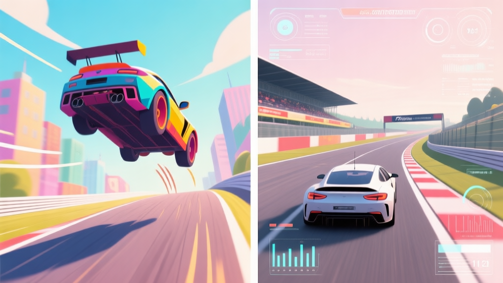 Split-screen illustration contrasting two driving game styles. Left side: colorful, exaggerated car making a big jump on a vibrant city track, with simple speed lines. Right side: detailed, realistic car on a precise racing line at a professional circuit like Spa, with telemetry data HUD. Soft pastel color palette. high quality illustration, detailed, 16:9