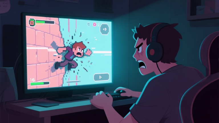 自动生成图片: A frustrated gamer looking at a glitched video game screen with a character stuck in a wall, in a dark room illuminated by monitor light, digital art style with soft colors high quality illustration, detailed, 16:9