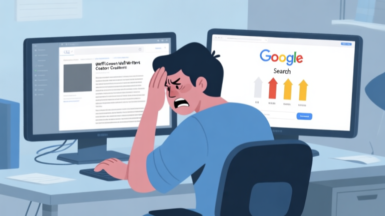自动生成图片: A frustrated game content creator at a desk with dual monitors, one showing a well-written article and the other showing low Google search rankings, using a soft color palette of blues and grays high quality illustration, detailed, 16:9