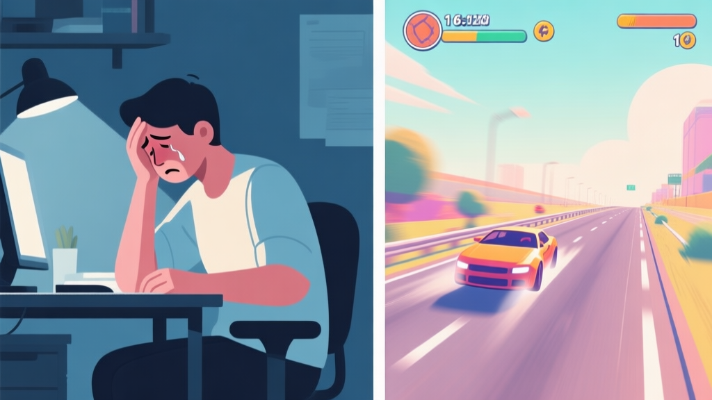 A split-screen illustration showing a person at a desk looking stressed on one side, and a vibrant, stylized game scene of a car speeding on a highway on the other, with a calm, soft color palette connecting both worlds high quality illustration, detailed, 16:9