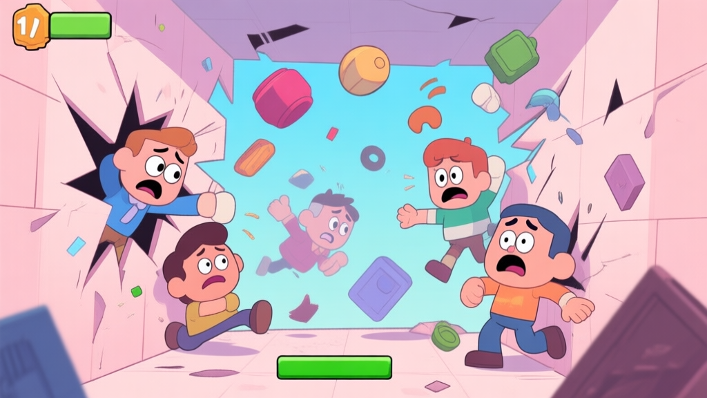 A chaotic and humorous video game scene in a cartoon style, showing characters glitching through walls, objects flying unpredictably, and exaggerated expressions of confusion on characters' faces, soft pastel color palette high quality illustration, detailed, 16:9