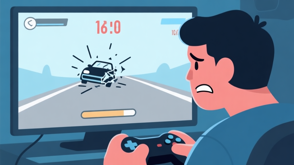 A frustrated gamer looking at a low score screen in a racing game, with a simple car crash illustration in the background, using a soft color palette of blues and grays high quality illustration, detailed, 16:9