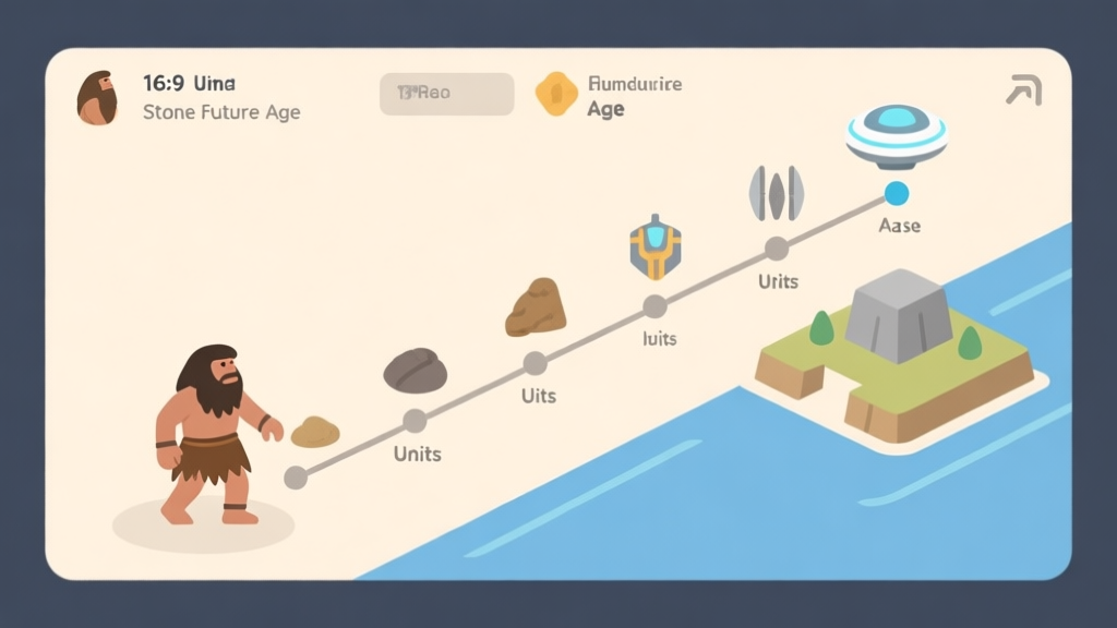 A minimalist game interface illustration showing a timeline from stone age to future age, with simple icons for resources, units, and a base, soft beige and blue color scheme, flat design high quality illustration, detailed, 16:9