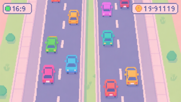 自动生成图片: A top-down view of a pixel-art style highway with multiple lanes, colorful cars moving in both directions, and a simple UI showing score and multiplier, in a soft pastel color palette high quality illustration, detailed, 16:9