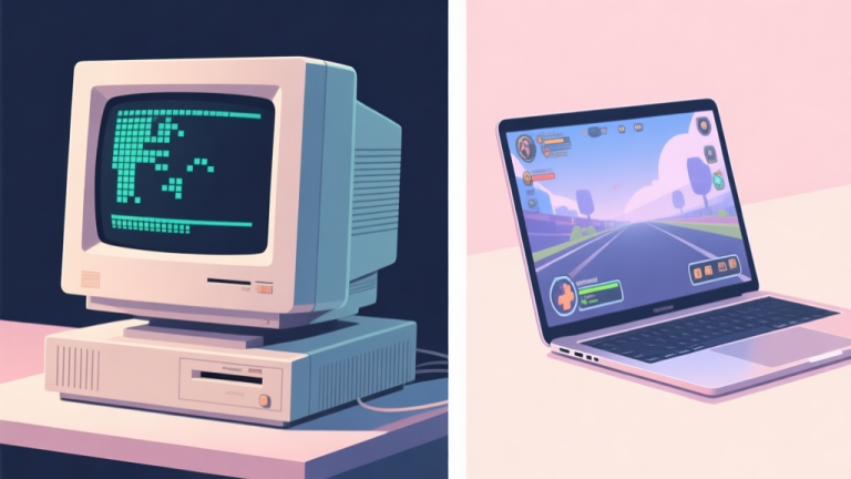 自动生成图片: Split-screen illustration showing a vintage computer monitor with pixelated graphics on the left, and a modern laptop with sleek, smooth game visuals on the right, soft pastel color palette high quality illustration, detailed, 16:9