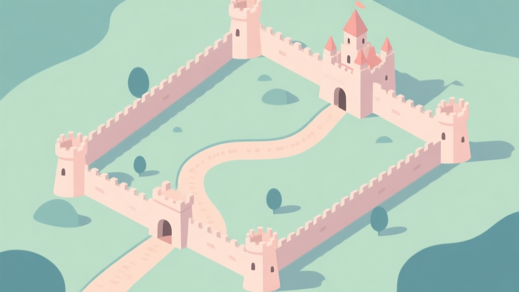 A serene, top-down view of a simple castle defense map in a flat design style, showing a winding path, a few basic towers placed at key bends, and a small castle at the end, all in a soft pastel color palette high quality illustration, detailed, 16:9