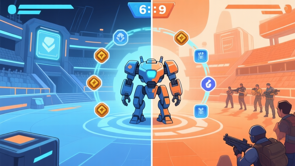 Split-screen illustration showing a futuristic PvP arena on one side and a cooperative mission scene on the other, with resource icons flowing from both towards a central upgraded mech robot, soft blue and orange color scheme, digital art style high quality illustration, detailed, 16:9