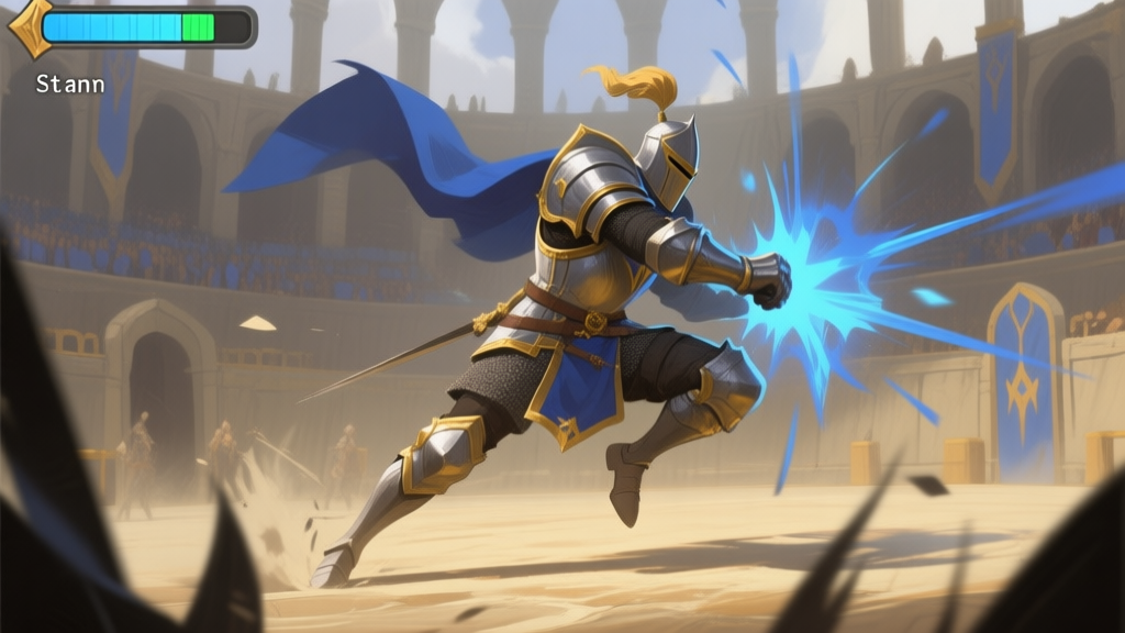 A stylized, dynamic illustration of a knight character in a fantasy arena, mid-action, with visual indicators of stamina bar depletion and missed attack timing, in a muted color palette with highlights of blue and gold high quality illustration, detailed, 16:9