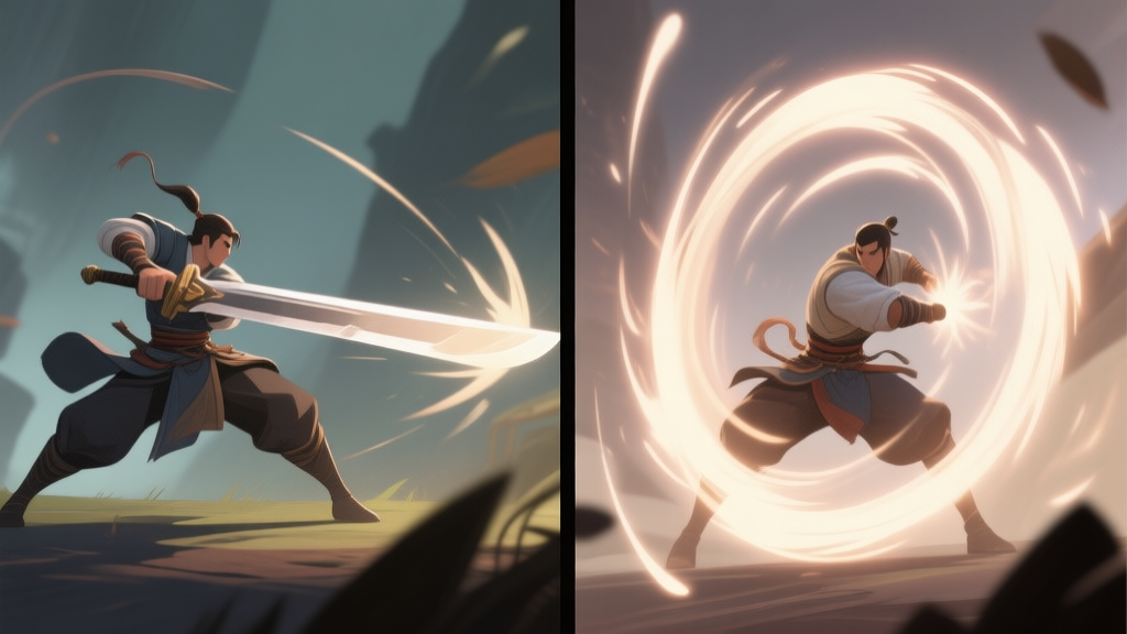Side-by-side comparison of two video game attack animations, left showing a horizontal sword swing arc, right showing a full 360-degree spin attack, soft glow effects on weapon trails, muted color palette high quality illustration, detailed, 16:9
