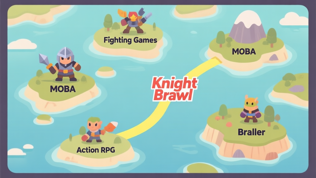 A conceptual map of the action game genre landscape, with different islands labeled "Fighting Games", "MOBA", "Action RPG", "Brawler", and a highlighted path leading to "Knight Brawl", in a flat design style with soft colors high quality illustration, detailed, 16:9