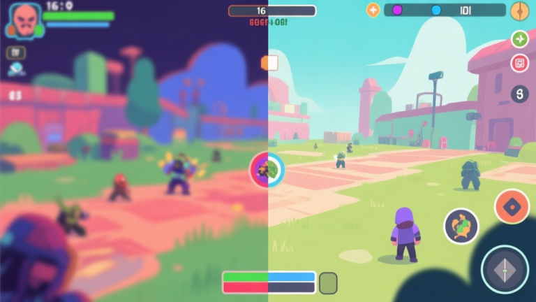 自动生成图片: A split-screen image showing two contrasting views of the same game scene. On one side, colors are blurred and indistinguishable for a colorblind player, with critical items like enemies or objectives hard to see. On the other side, the same scene is clear with high-contrast outlines and distinct color filters applied, flat design style, soft color palette high quality illustration, detailed, 16:9