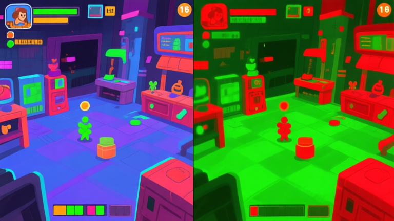 自动生成图片: A split-screen illustration showing two different perceptions of the same game scene. On the left, vibrant colors distinguish game elements clearly. On the right, a simulated deuteranopia view shows reduced contrast between red and green elements, making them hard to distinguish. high quality illustration, detailed, 16:9