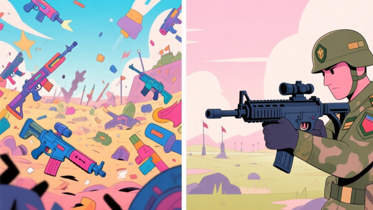自动生成图片: A split-screen illustration showing a chaotic, colorful cartoonish battlefield with unconventional weapons on one side, and a sleek, serious military shooter scene on the other, highlighting contrast, soft pastel colors high quality illustration, detailed, 16:9