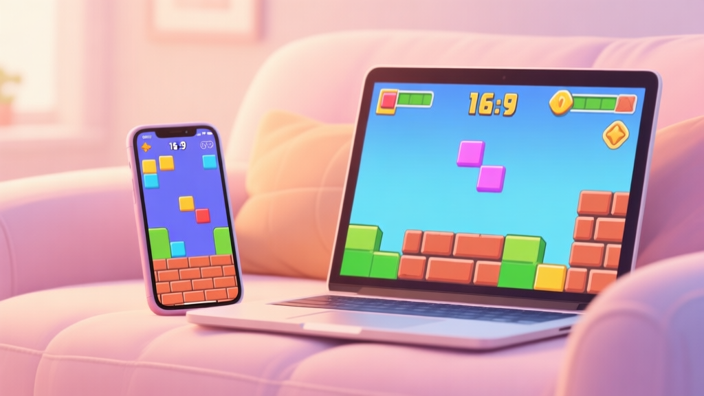 A cozy scene of a smartphone and a laptop side by side, both displaying vibrant but different brick breaker game interfaces, with soft pastel colors and a warm, inviting atmosphere high quality illustration, detailed, 16:9