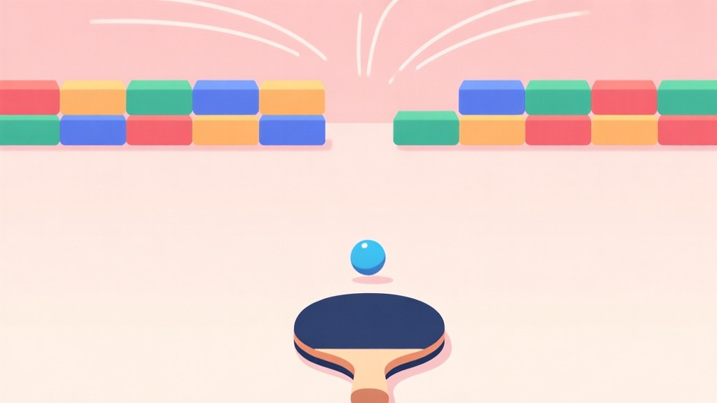 A minimalist game scene showing a paddle at the bottom, a ball, and rows of colorful bricks at the top, with subtle motion lines indicating a bounce, in a soft pastel color palette high quality illustration, detailed, 16:9