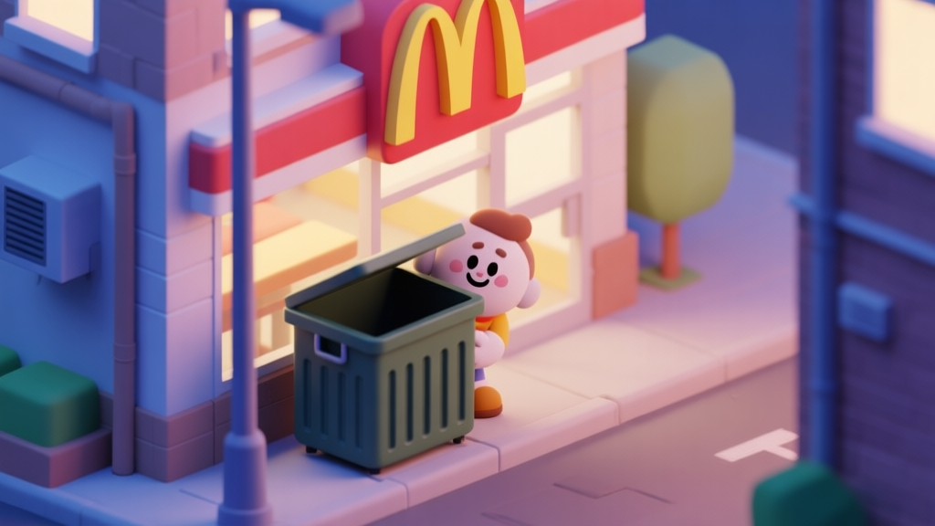 A stylized, isometric view of a cartoonish alleyway behind a fast-food restaurant, with a friendly-looking character cautiously peeking into a large dumpster, soft evening lighting, pastel color palette, flat design style high quality illustration, detailed, 16:9