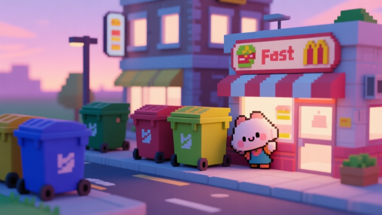 自动生成图片: A stylized, isometric view of a vibrant game street at dusk, featuring several colorful dumpsters behind pixel-art fast food restaurants, with a cute character peeking into one, soft pastel color palette, digital illustration high quality illustration, detailed, 16:9