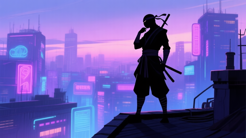 A silhouette of a ninja character standing thoughtfully on a rooftop at dusk, overlooking a vibrant cyberpunk city with glowing neon signs, soft purple and blue color palette, contemplative mood high quality illustration, detailed, 16:9