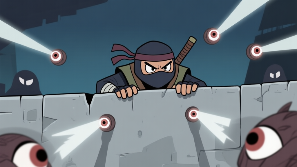 A frustrated ninja character in a stylized game scene, hiding poorly behind a low wall with multiple enemy eye-cones spotting him, muted color palette with shades of grey and dark blue high quality illustration, detailed, 16:9