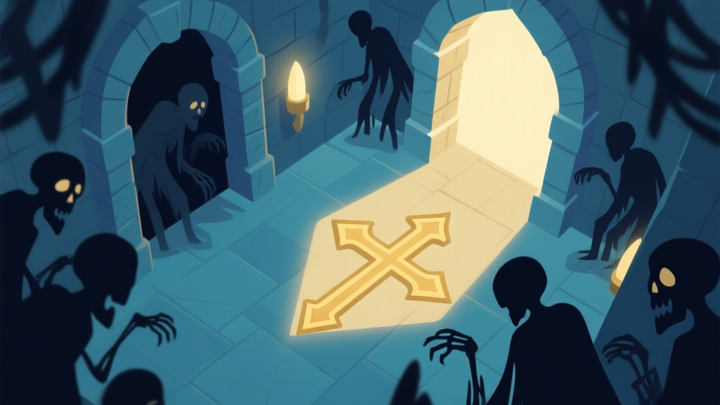 A serene, top-down view of a fantasy game dungeon corridor, soft glowing light from a cleric's holy symbol pushing back shadowy, silhouetted undead figures, muted blues and gold color palette, flat illustrative style high quality illustration, detailed, 16:9