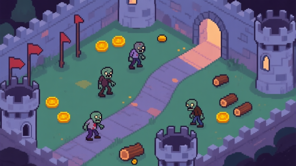 A top-down view of a pixel-art castle courtyard under siege, showing a winding path with basic arrow towers and a few slow-moving zombies, resources like gold coins and wood icons scattered around, soft twilight color palette high quality illustration, detailed, 16:9