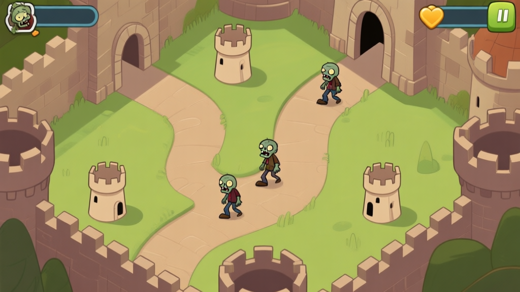A top-down view of a stylized castle courtyard in a mobile game, showing a winding path with a few basic tower icons placed at wrong corners, zombie icons approaching from the distance, soft green and brown color palette high quality illustration, detailed, 16:9
