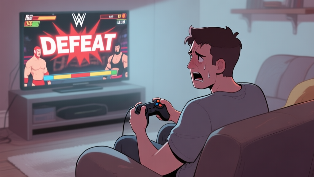 A frustrated video game player sitting on a couch, controller in hand, looking at a "DEFEAT" screen on a wrestling game, soft lighting, muted colors high quality illustration, detailed, 16:9