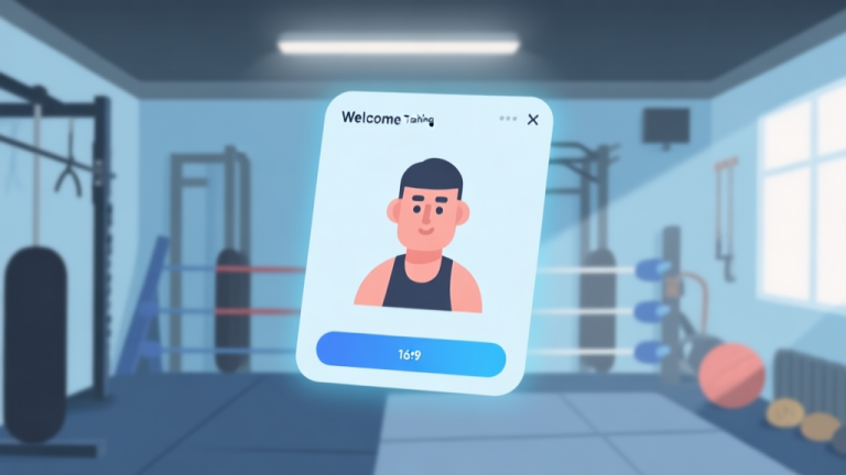 自动生成图片: A welcoming, softly lit virtual wrestling training gym with basic equipment in the background, a simple character creation screen floating in the foreground, using a calm blue and grey color palette, flat design style high quality illustration, detailed, 16:9