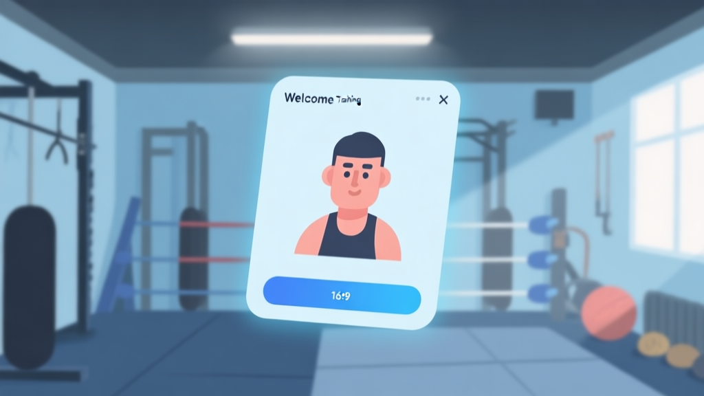 A welcoming, softly lit virtual wrestling training gym with basic equipment in the background, a simple character creation screen floating in the foreground, using a calm blue and grey color palette, flat design style high quality illustration, detailed, 16:9
