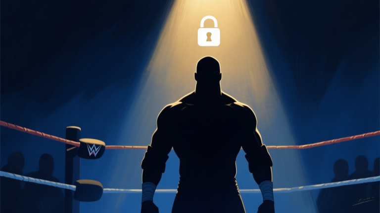 自动生成图片: A mysterious silhouette of a powerful wrestler standing in the shadows of a wrestling ring, with a spotlight highlighting a locked icon above their head, soft dark blue and gold color scheme, digital painting style high quality illustration, detailed, 16:9