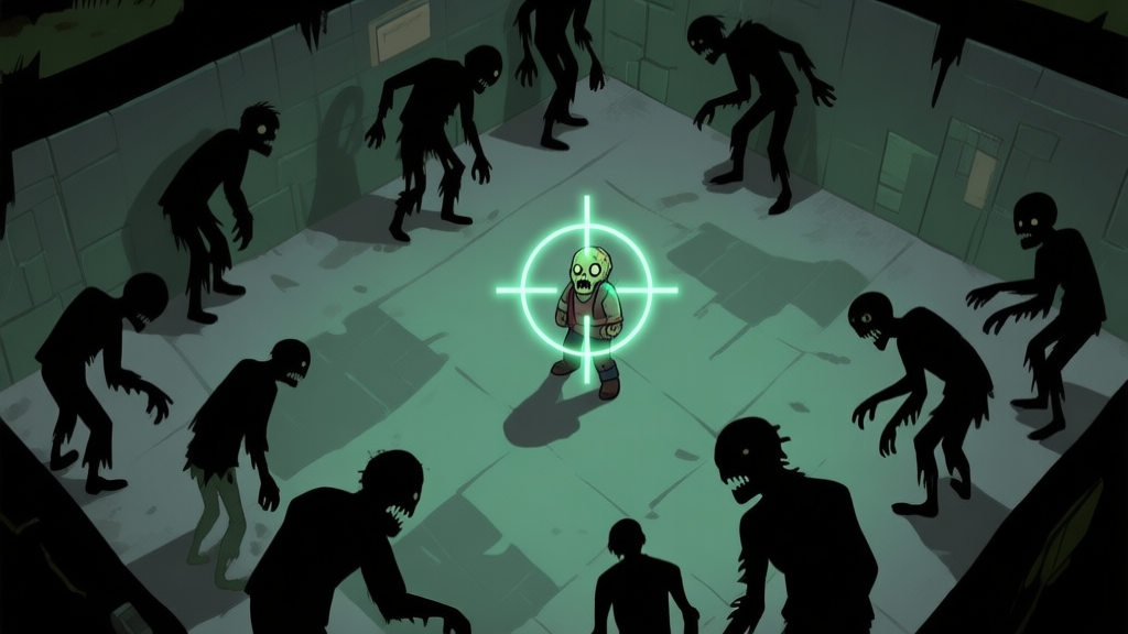 A stylized, top-down view of a game level showing a player character surrounded by multiple zombie silhouettes, with glowing crosshair targeting a zombie head, in a dark atmospheric color palette with muted greens and greys high quality illustration, detailed, 16:9