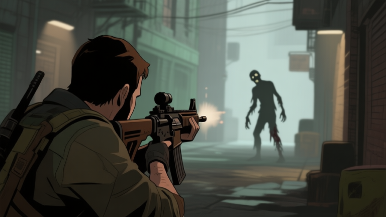 自动生成图片: A tense scene from a third-person perspective in a dimly lit urban environment, a player character carefully aiming a rifle at a distant zombie silhouette, soft focus on the crosshair, muted colors of grey, green, and brown high quality illustration, detailed, 16:9