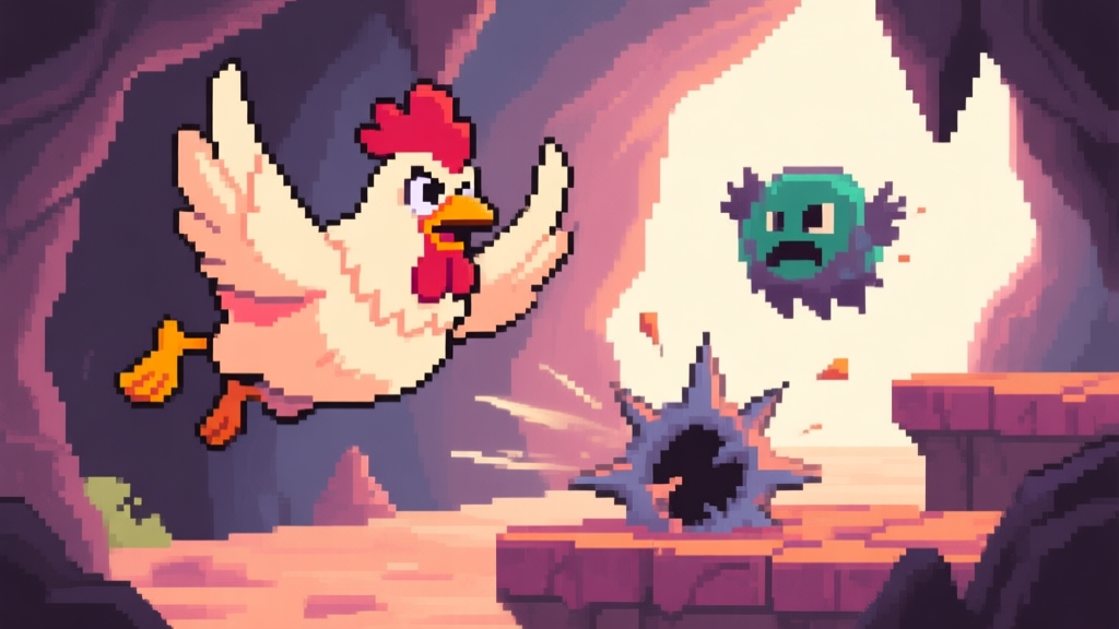 A vibrant, stylized pixel art scene of the Fowlst character, a determined-looking chicken, mid-flight in a cavernous level, dodging a spike trap and a floating enemy, dynamic action shot, soft color palette high quality illustration, detailed, 16:9