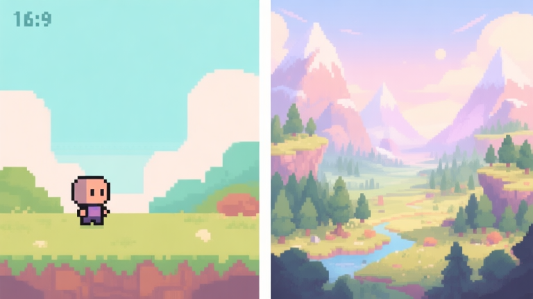 自动生成图片: A split-screen illustration showing a simple 8-bit pixelated landscape with a small character on one side, and a vast, detailed open-world fantasy landscape with mountains and forests on the other, in a soft pastel color palette high quality illustration, detailed, 16:9