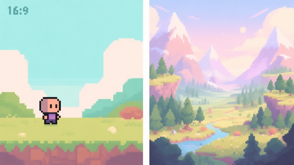 A split-screen illustration showing a simple 8-bit pixelated landscape with a small character on one side, and a vast, detailed open-world fantasy landscape with mountains and forests on the other, in a soft pastel color palette high quality illustration, detailed, 16:9