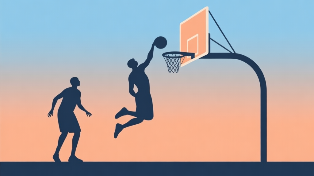 A minimalist game scene showing two abstract basketball player silhouettes, one mid-air performing a dunk towards a hoop, soft orange and blue gradient background, clean lines, flat design high quality illustration, detailed, 16:9