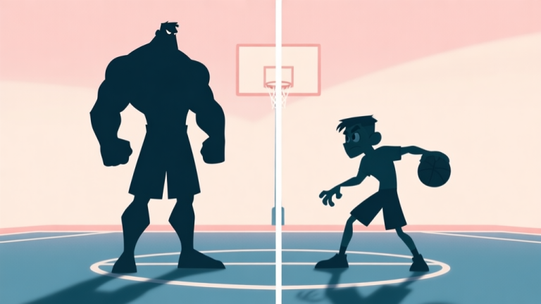 自动生成图片: A split-screen illustration showing two contrasting Dunkers 2 character silhouettes, one tall and powerful, the other short and agile, on a minimalist basketball court with soft pastel colors high quality illustration, detailed, 16:9