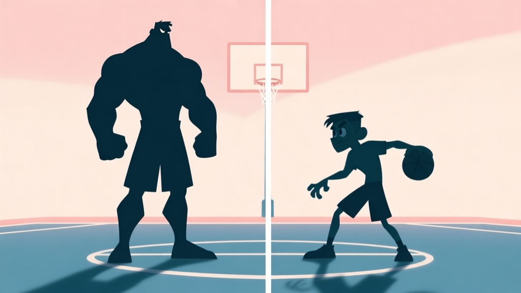 A split-screen illustration showing two contrasting Dunkers 2 character silhouettes, one tall and powerful, the other short and agile, on a minimalist basketball court with soft pastel colors high quality illustration, detailed, 16:9