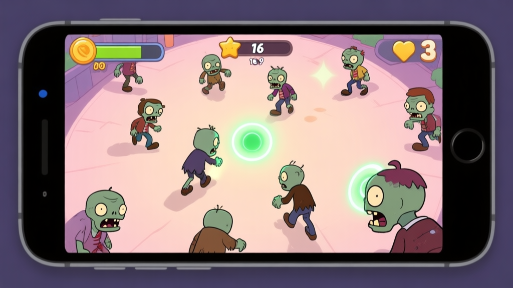A stylized, top-down view of a mobile game screen showing multiple cartoon zombie types approaching a central point, with glowing tap effects and a score counter, in a soft color palette high quality illustration, detailed, 16:9