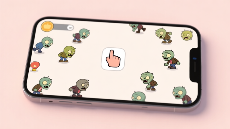 自动生成图片: A minimalist, top-down view of a smartphone screen showing a simple game interface: a single heroic finger icon at the center, surrounded by cute cartoon zombie icons approaching from all sides, on a soft pastel background high quality illustration, detailed, 16:9
