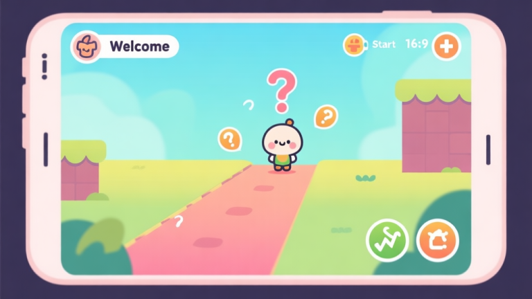 自动生成图片: A welcoming, soft-colored game interface screen for a mobile platformer, showing a cute character at the start of a vibrant but simple path, with subtle question marks hovering over basic game icons like jump and collect, flat design style high quality illustration, detailed, 16:9