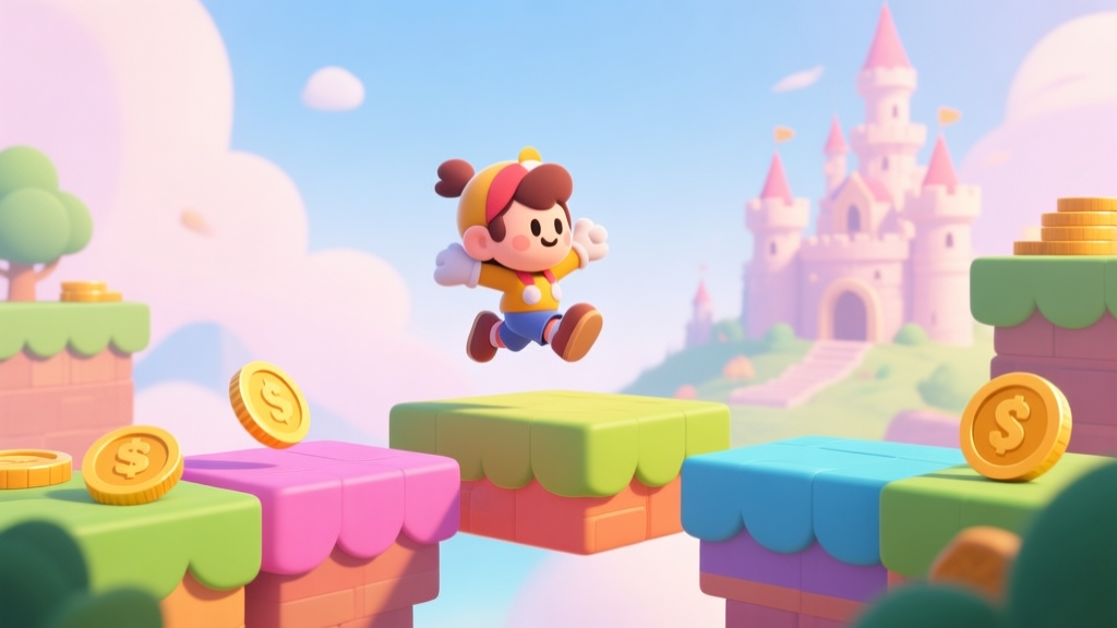 A vibrant 2D game scene showing a charming cartoon character mid-jump across colorful platforms, with collectible coins and a distant castle, in a soft pastel color palette high quality illustration, detailed, 16:9