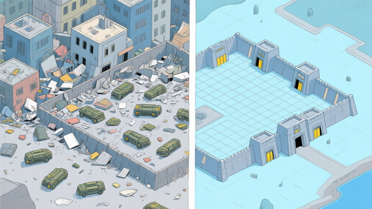 自动生成图片: A split-screen illustration showing a chaotic, disorganized base on one side (cluttered buildings, scattered units) and a clean, strategically organized base on the other (neat grids, defensive structures in front, resource buildings protected), in a soft color palette of blues and greys high quality illustration, detailed, 16:9