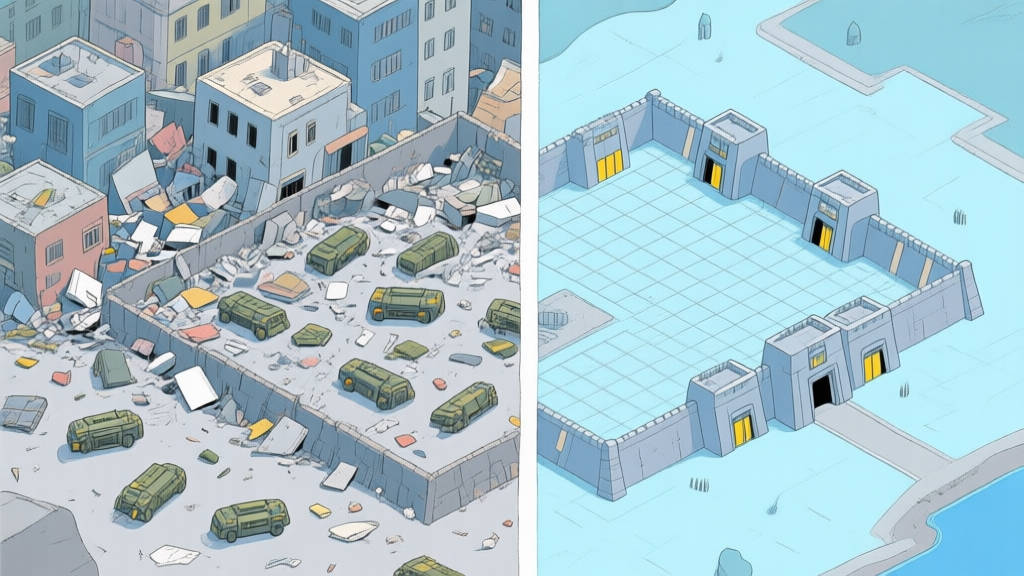 A split-screen illustration showing a chaotic, disorganized base on one side (cluttered buildings, scattered units) and a clean, strategically organized base on the other (neat grids, defensive structures in front, resource buildings protected), in a soft color palette of blues and greys high quality illustration, detailed, 16:9