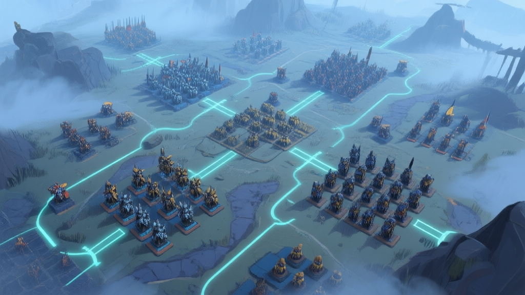 A top-down view of a complex, intricate battlefield in a strategy game, with multiple unit types arranged in formations, subtle glowing tactical lines connecting them, soft mist and terrain details, muted color palette with strategic blues and greys high quality illustration, detailed, 16:9