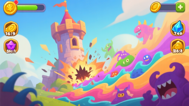自动生成图片: A vibrant, stylized game interface showing a fantasy tower under attack by colorful monster waves, with resource icons (gold, mana) depleting, cartoonish illustration with soft colors high quality illustration, detailed, 16:9