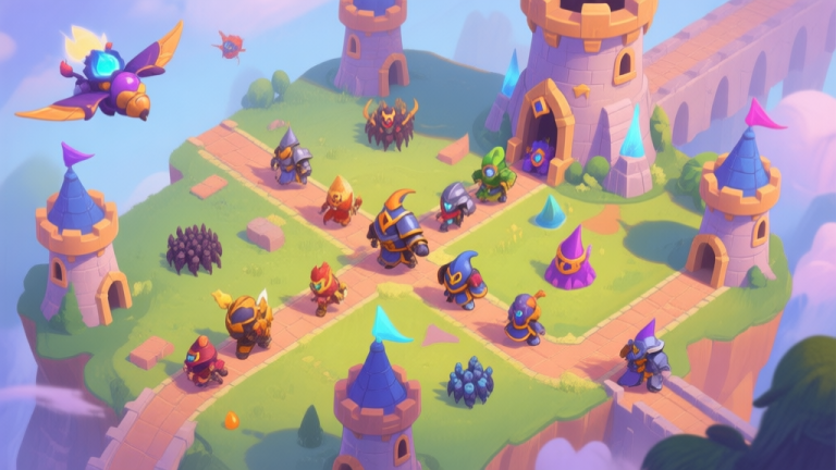 自动生成图片: A strategic top-down view of a vibrant, magical tower defense map in Drop Wizard Tower, showing diverse enemy types (flying, armored, swarms) advancing along paths, with various wizard towers placed at key intersections, soft fantasy color palette high quality illustration, detailed, 16:9