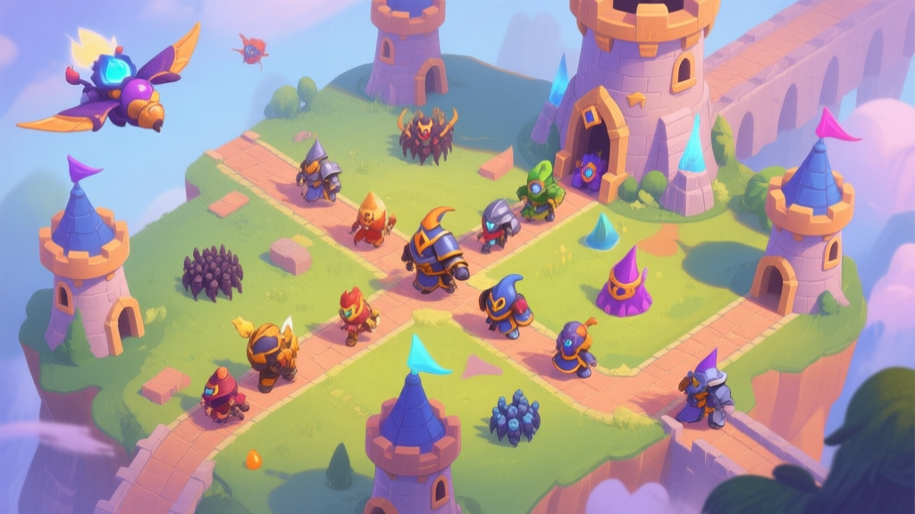 A strategic top-down view of a vibrant, magical tower defense map in Drop Wizard Tower, showing diverse enemy types (flying, armored, swarms) advancing along paths, with various wizard towers placed at key intersections, soft fantasy color palette high quality illustration, detailed, 16:9